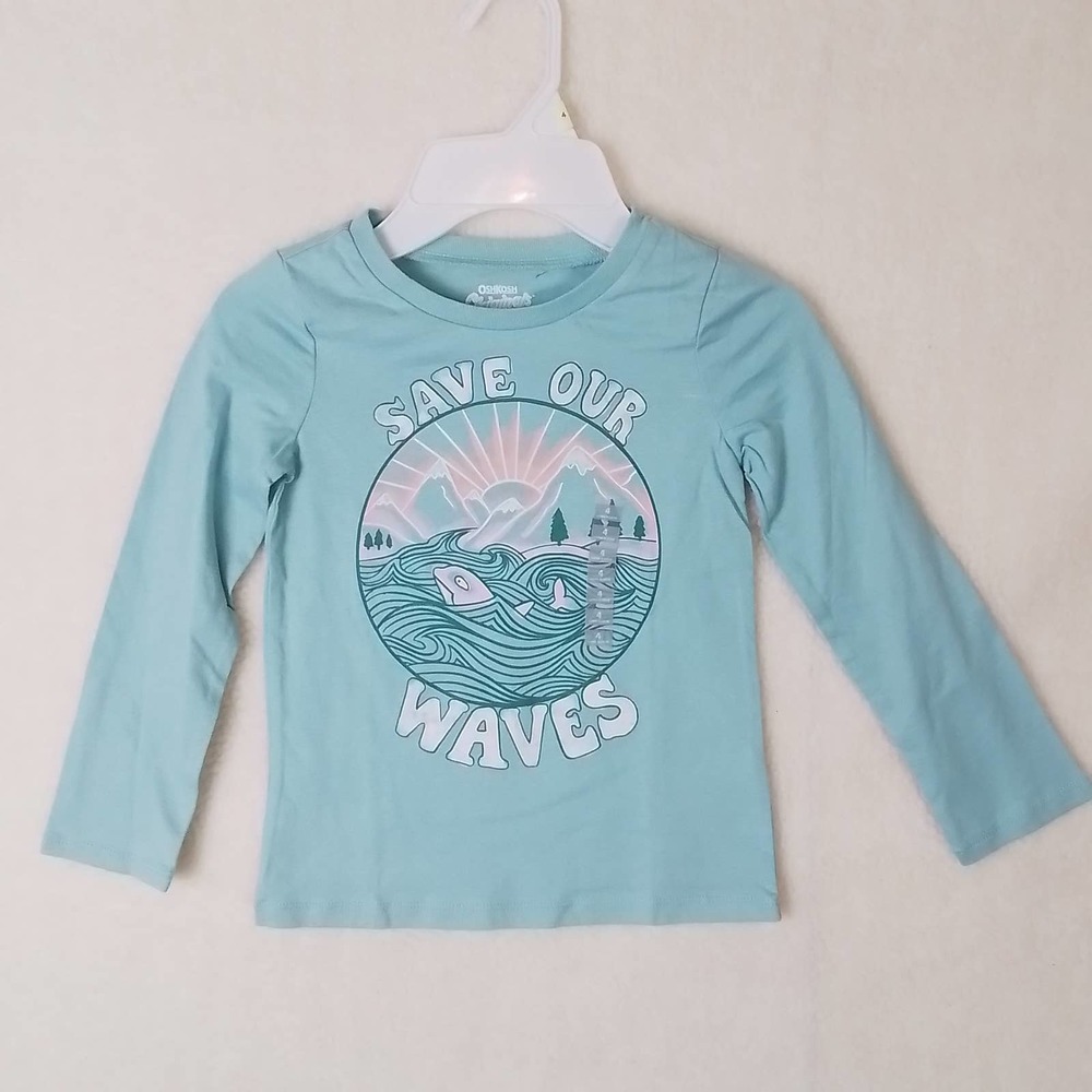 OshKosh‎ Long Sleeve Cotton T-Shirt Girl's Size 4 in Green w/ Ocean Graphic